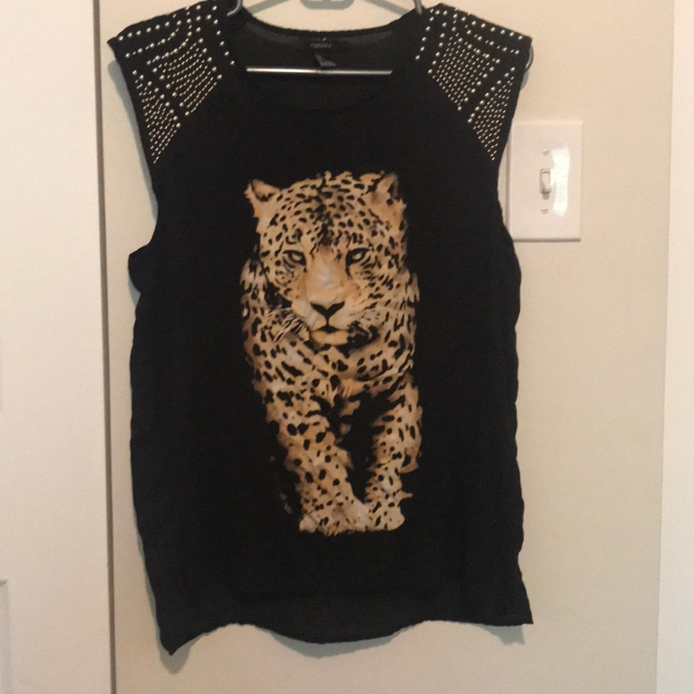 Black shirt with tiger and studded shoulders